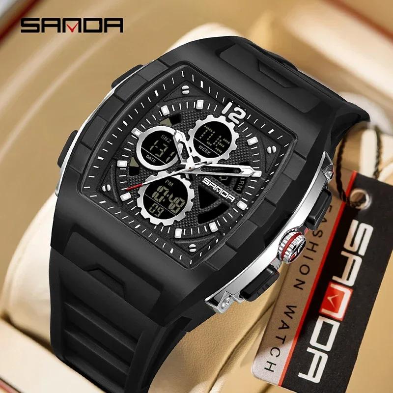 SANDA SD3391 Men Quartz Watch Chronograph Digital Watch Dual Display Outdoor Military Sport LED Luminous Clock