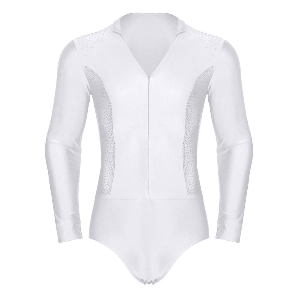 Mens Figure Skating Latin Dance Bodysuit V Neck Long Sleeve Sparkling Rhinestones Stage Performance Leotard