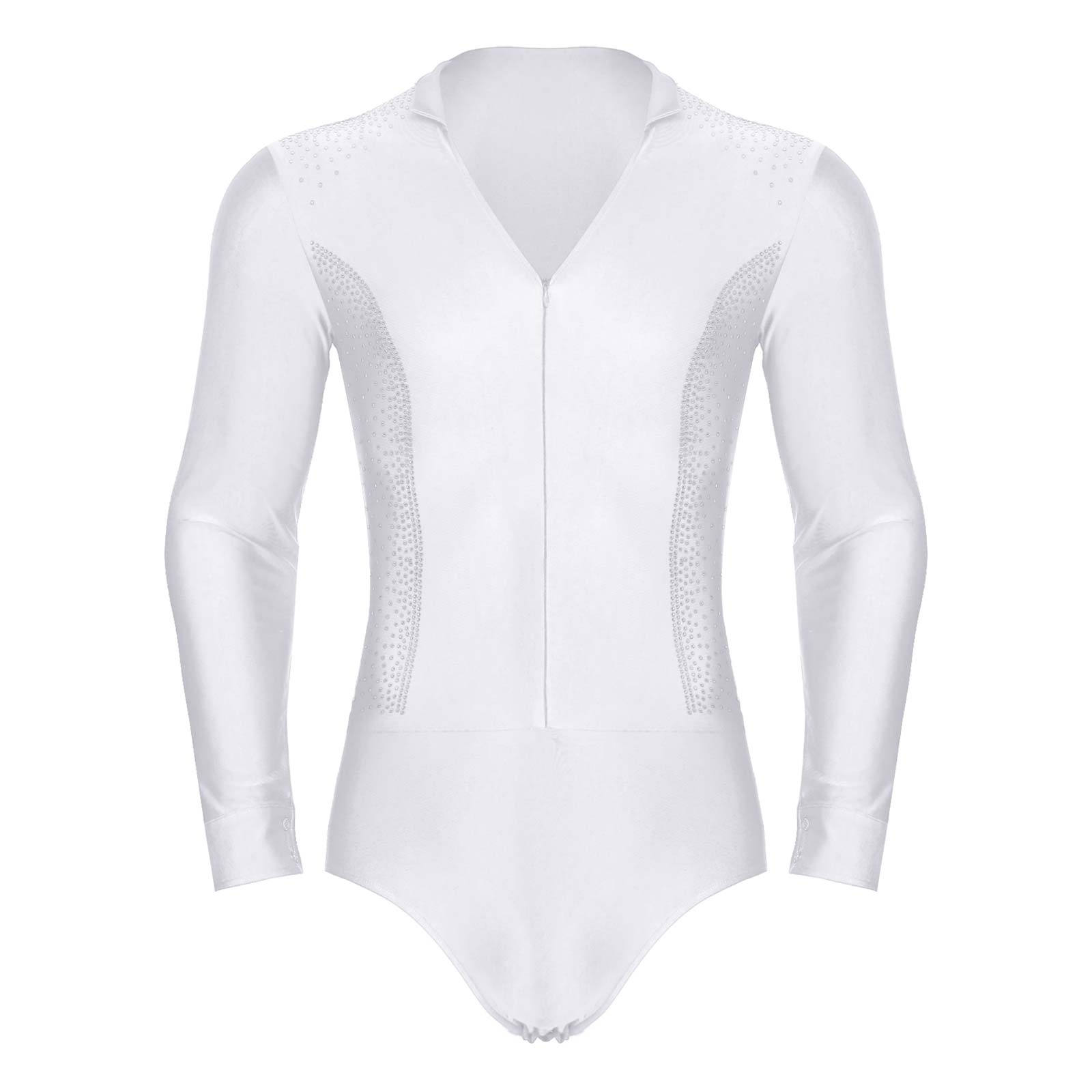 

Чоловічий боді для латиноамериканських танців з V-подібним вирізом, довгим рукавом, блискучими стразами, леотард для фігурного катання, сценічний костюм M білий