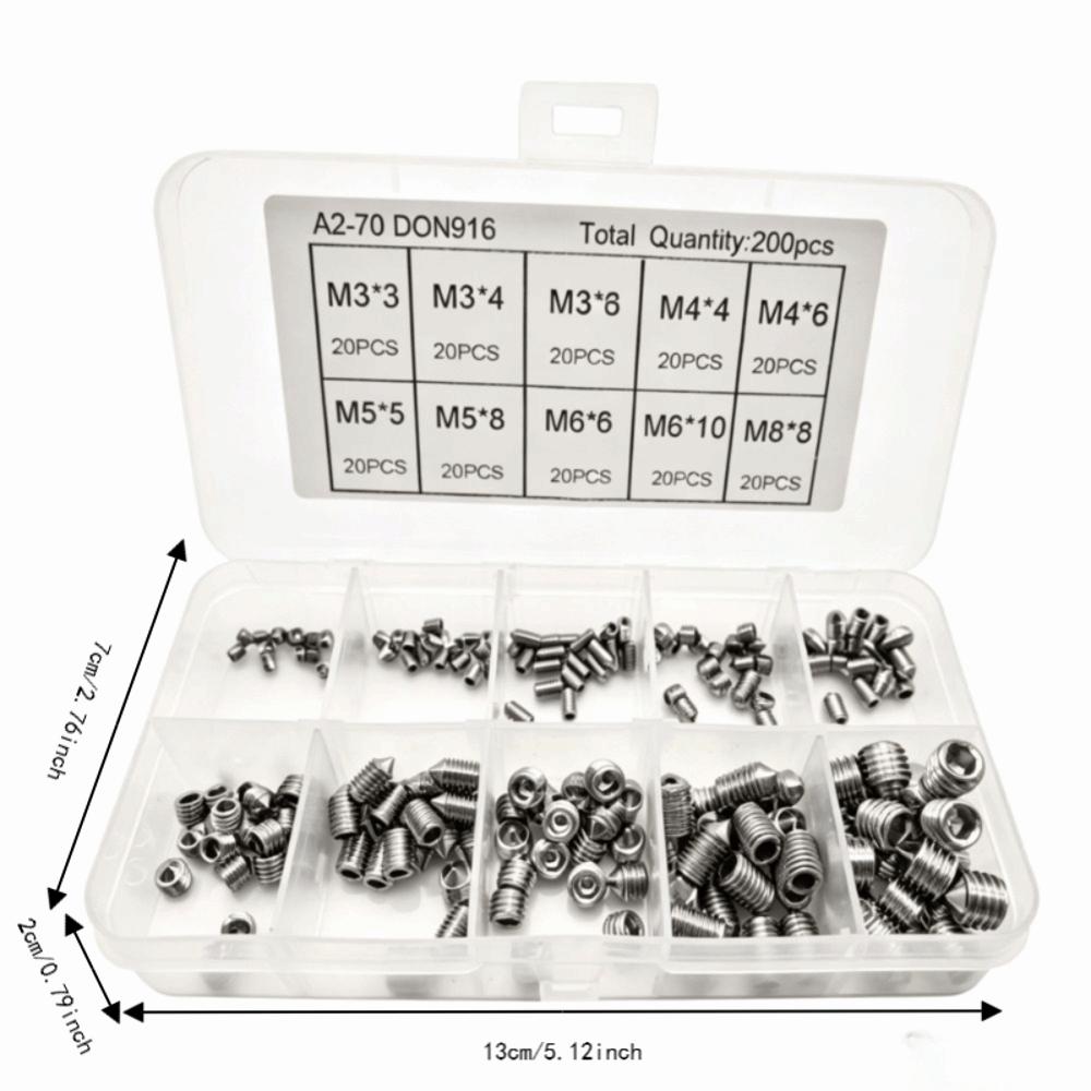 200PCS Silver Grub Screw Set M3 To M8 Inner Hex Screw Stainless Steel Screw For Precise Instrument