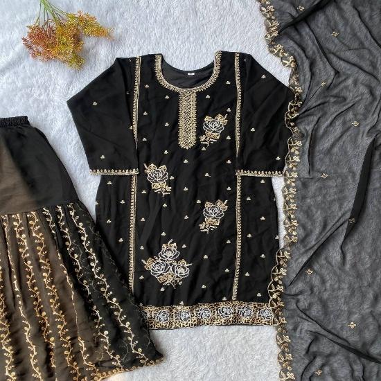 Classic Jet Black Embroidered Sharara Suit Set with Zari Work M