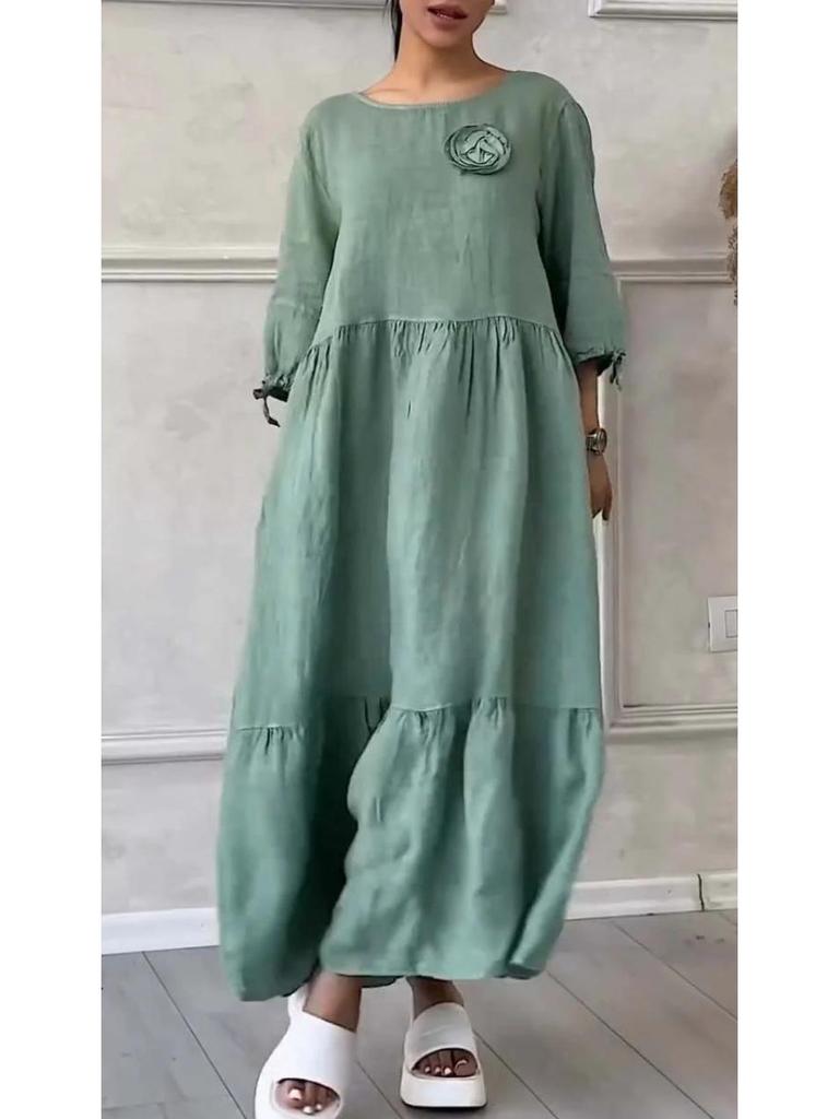 2024 European/American Women's Casual Dress: Round Neck, Long Sleeve, Drawstring, Back Tie, Solid Color