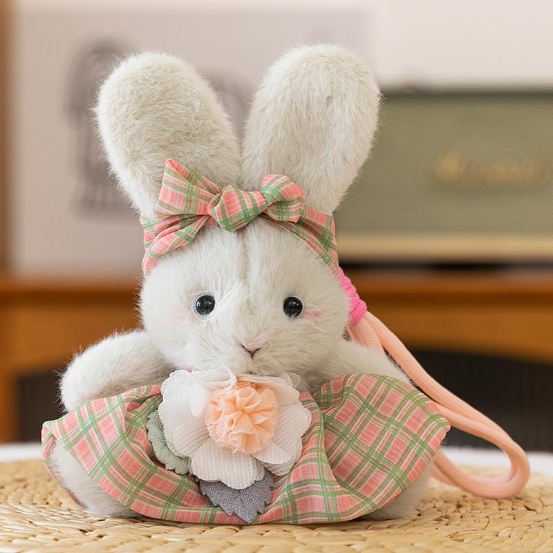 Cartoon Cute Plaid Skirt Rabbit Holding Flower Plush Toy Pendant Keychain