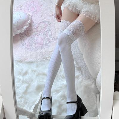 Japanese Lace Lace Knee Socks Vertical Stripe High Tube Bottom Knee Cotton Thigh Socks
