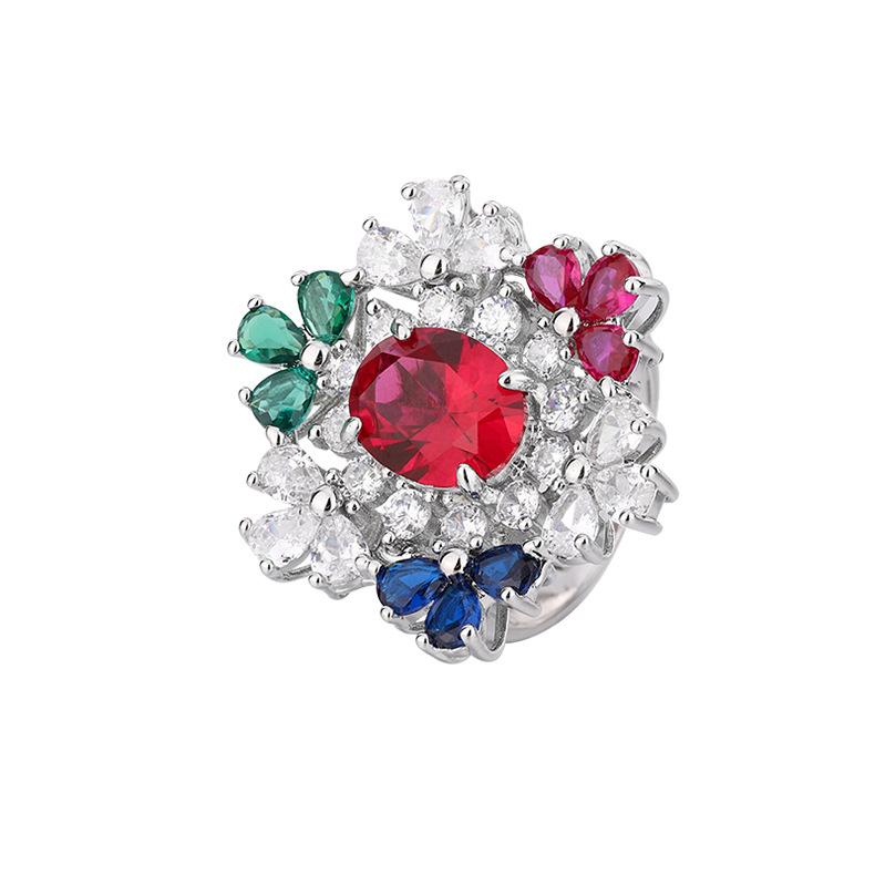 Ring Schwerindustrie Übertriebene Farbe Zirkon Blume Retro Schmuck Intarsien Damenmode