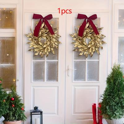 Christmas Wreath Garland for Front Door,with Bow Knot Round Indoor Artificial Wall Hanging