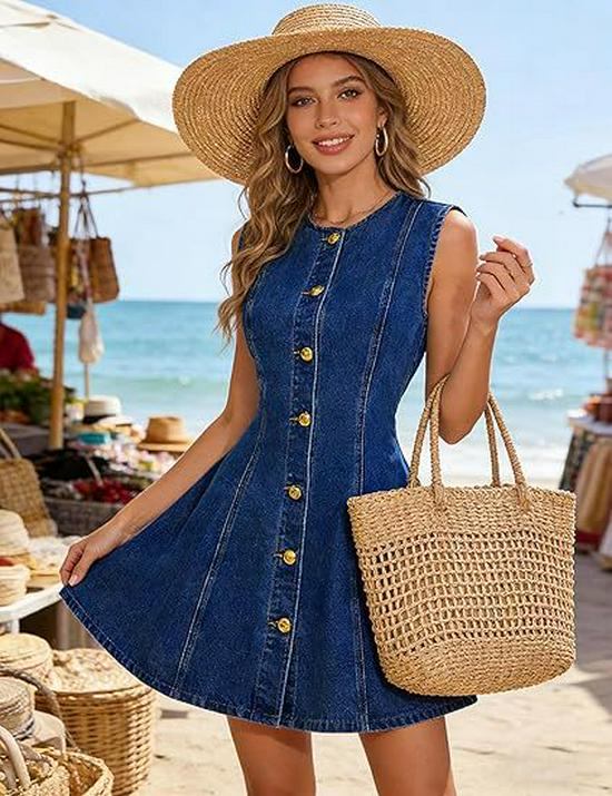 Women's 2026 European & American Slim Fit Washed Denim Sleeveless Button Dress with Pockets