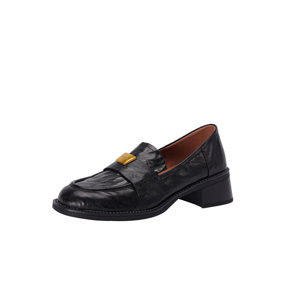 Spot Lightning Hair~ Gold Buckle Round Head Heightening Loafers 2025 Spring and Summer Retro Sheepskin Thick Heel Single Shoes Main Push