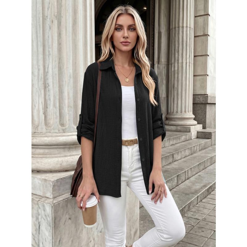 Womens Casual Button Up Long Sleeve Roll Tab Sleeve Shirt