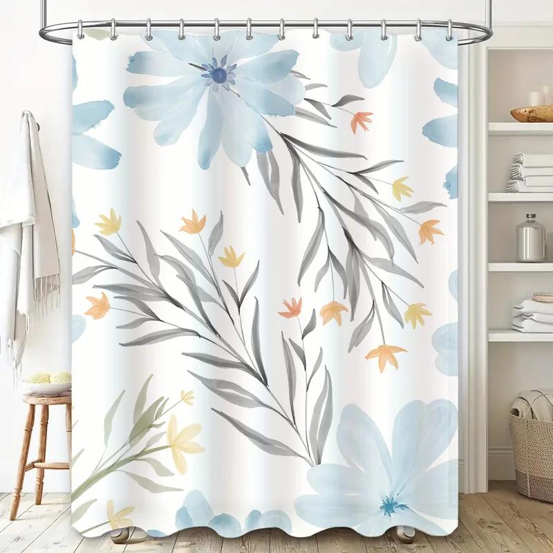 Delicate Watercolor Floral Shower Curtain Soft Blue White Decorative Bath Rug Liner Extra Long Waterproof Fabric for Bathroom