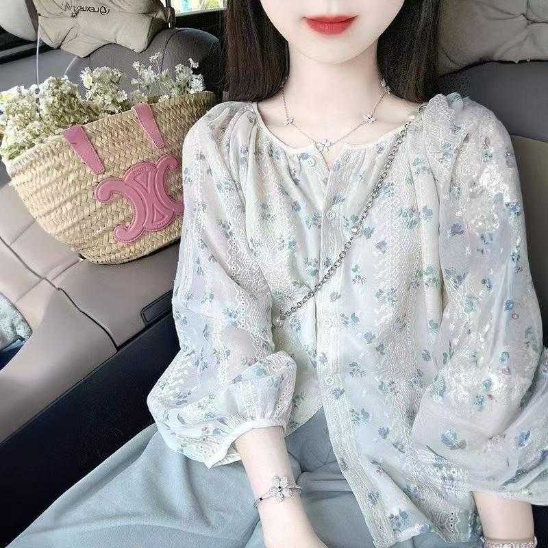 French Sweet Bubble Sleeve Floral Chiffon Shirt Women's 1116 Summer New Gentle Wind Lace Embroidered Sunscreen Shirt