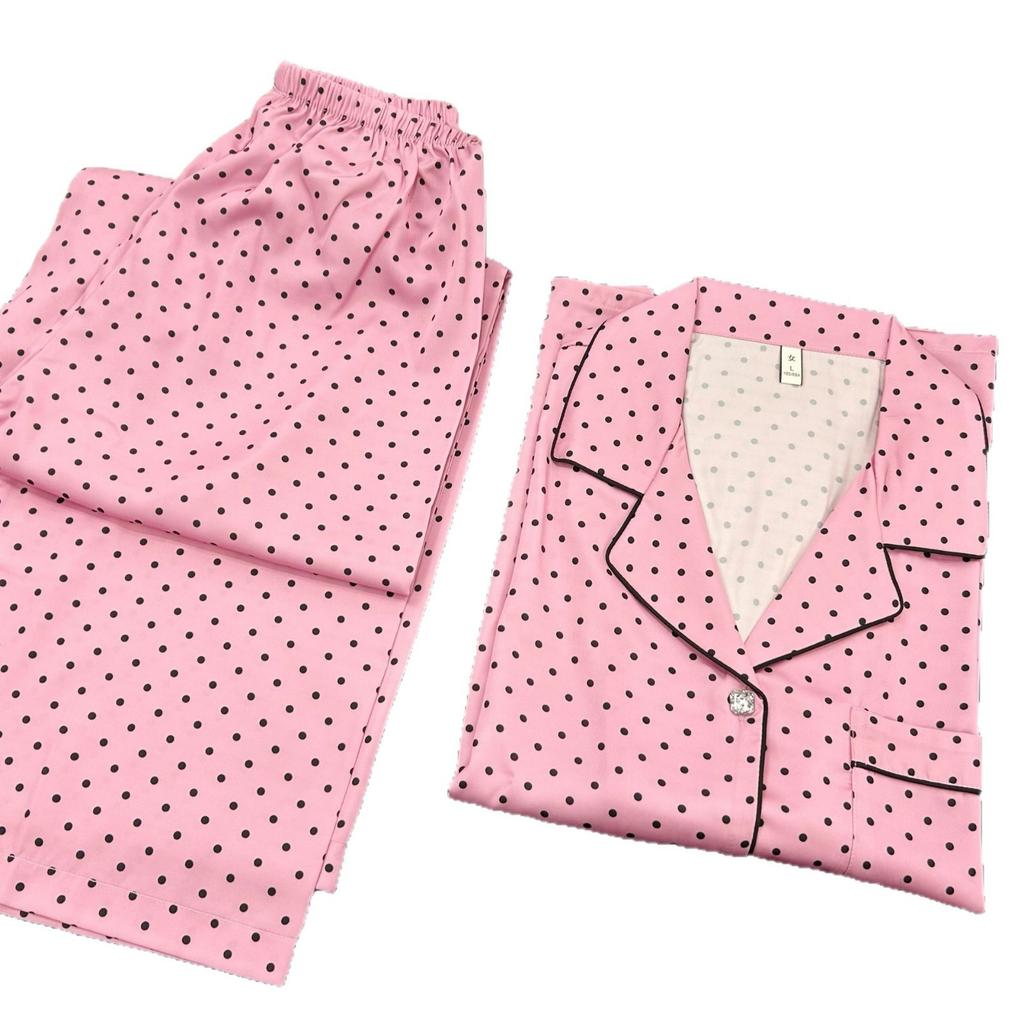 Pajamas pink polka dot ice silk pajamas women's long-sleeved trousers set Douyin Xiaohongshu loungewear set