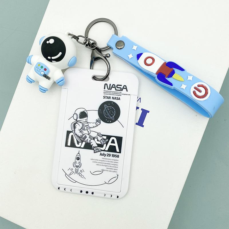 Women Men Work Card Cover White Astronaut Pattern Business Name Card Badge Holder Bus Access Guard Credit Card Case with Lanyard