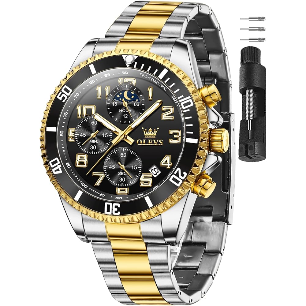 OLEVS Men s Analog Quartz Watch Gold Silver Waterproof Date Business Stylish Large Dial Stainless Steel Band