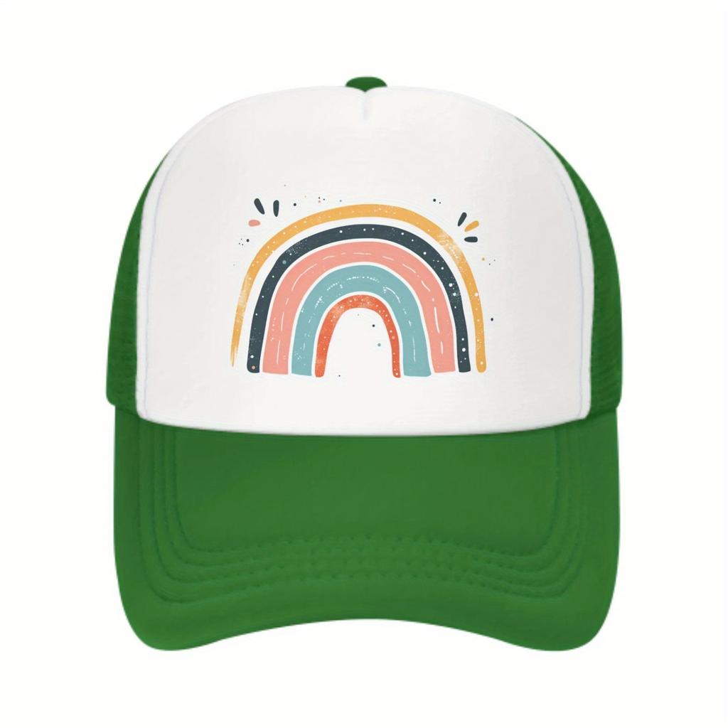 Rainbow Graphic Trucker Hat Pink Mesh Back Adjustable Baseball Cap Breathable Summer Outdoor Sports Cap