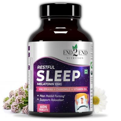 End2End Nutrition Restful Sleep with Melatonin 10mg and Tagar 250mg | Sleeping Aid Pills for Deep and Strong Sleep for Men and Women | Non-Habit