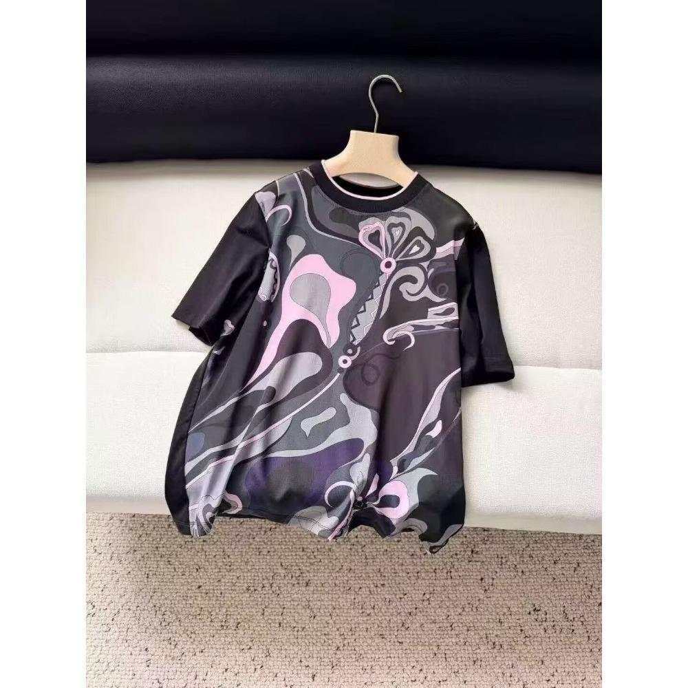 Women Summer Casual Top Black Ditsy Floral Print Crew Neck Short Sleeve Blouse S