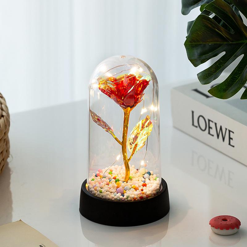 LED Gold Foil Rose with Crystal Glass Cover - Light-up Preserved Flower Ornament for Valentine's Day or Christmas Gift