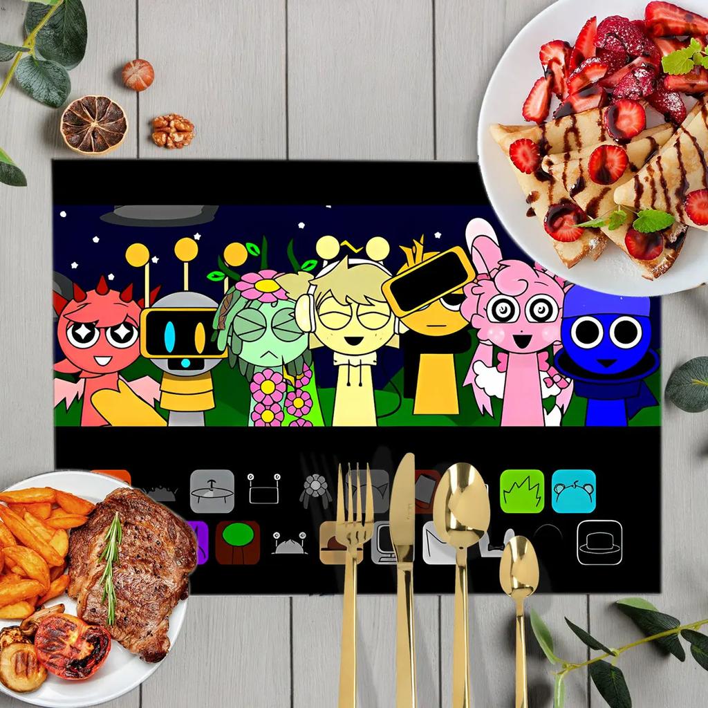 1 Stück Cartoon Sprunki Tischsets für das Essen Sprunki Incredibox Leinen Platzset Kaffeetassenuntersetzer Küchen Geschirrtrockenmatten