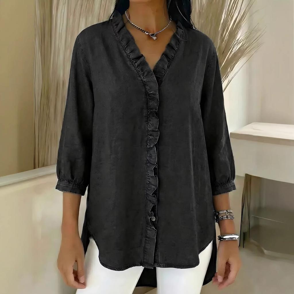 2026 Ladies Casual Imitation Denim V-Neck Ruffle Shirt