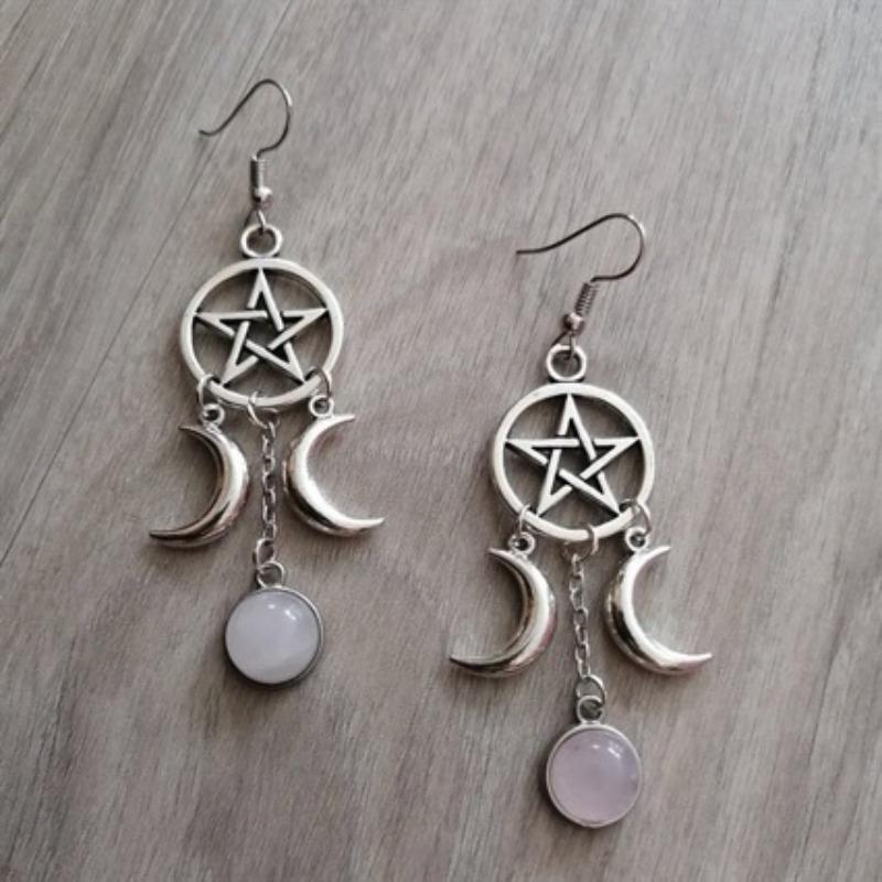 New Pentagram Triple Moon Purple Stone Earrings Natural Stone Earrings