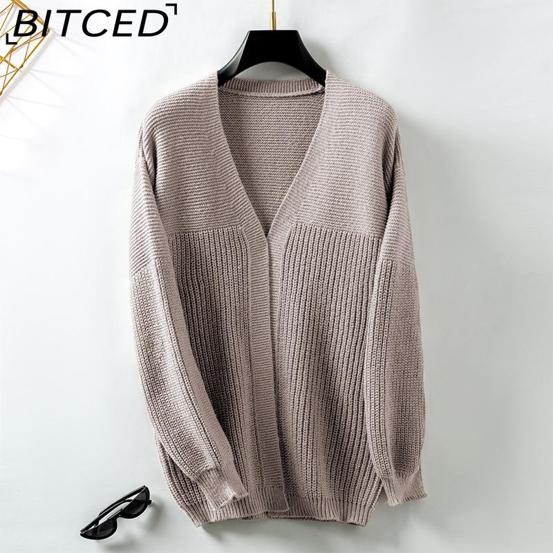 BITCED Fall/Winter Casual Oversized Solid-Color Mid-Length Knit Cardigan Jacket for Women
