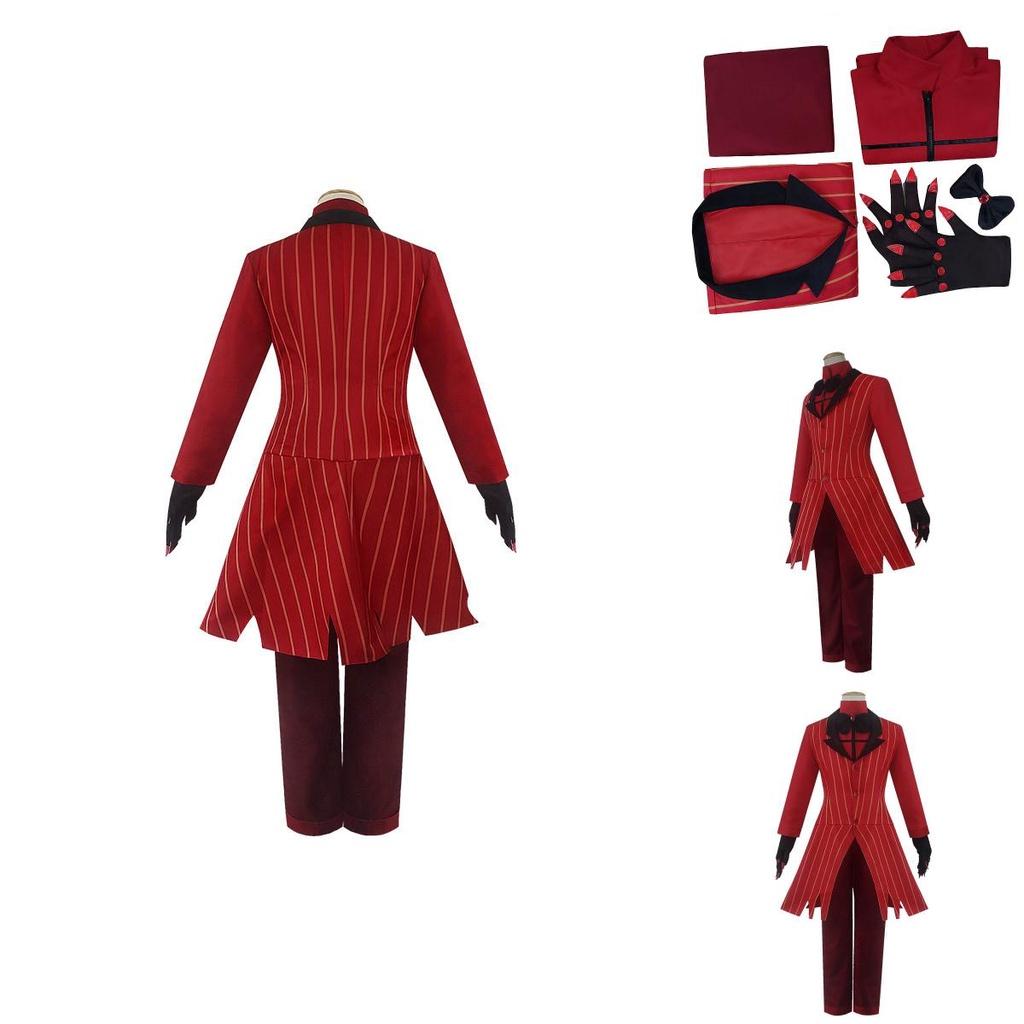 Nádherná cosplay sada kostýmu Alastora z Hazbin Hotelu s živým červeno-černým designem