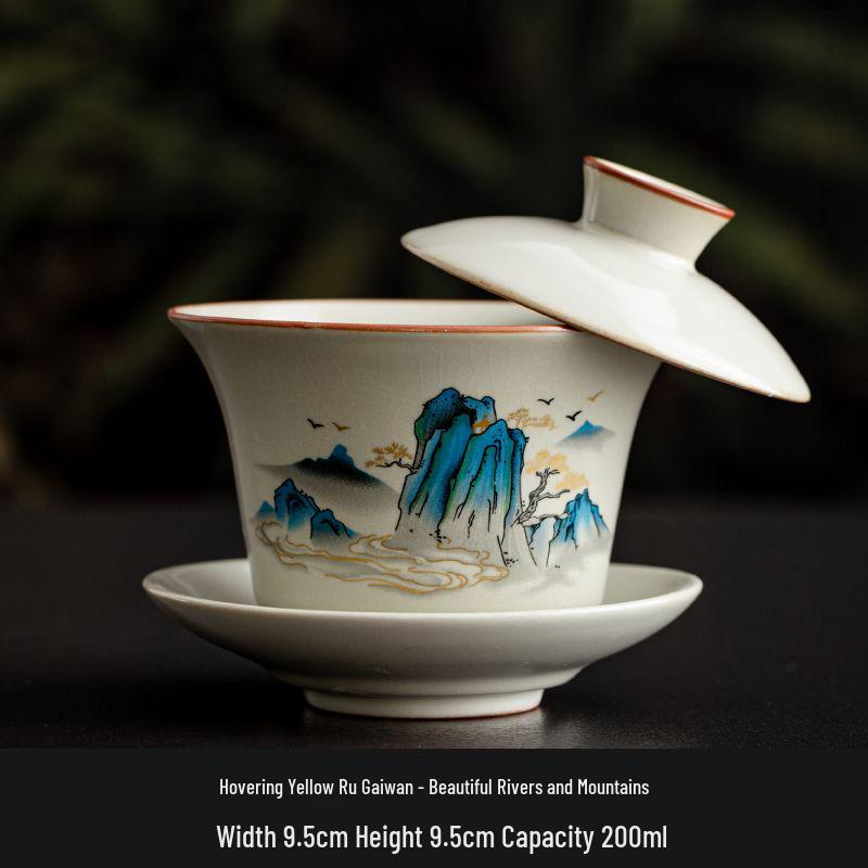 Premium Ru Ware Gongfu Tea Set with Cultivable Crackle Gaiwan and Offering Bowl