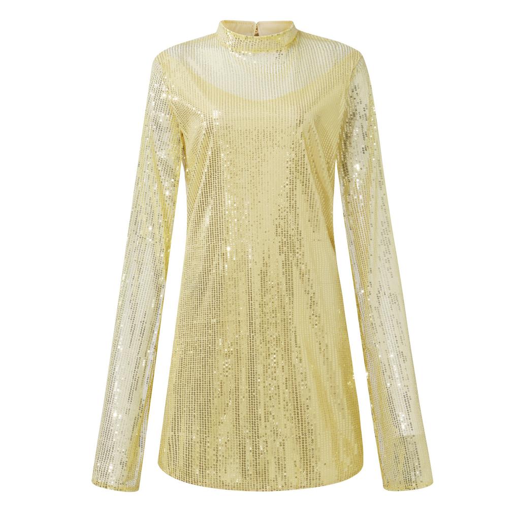 Women's Fashion Sexy Solid Stand Collar Sequin Loose Cloak Sleeve Dress