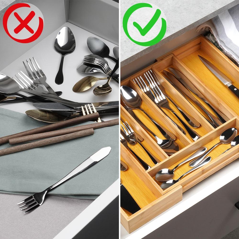 Bamboo Insert for Cutlery, Drawer Utensils, Extendable, Adjustable, XL