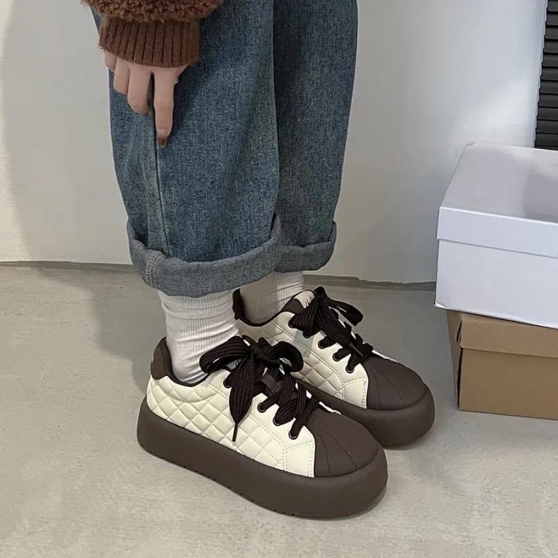 Platform Vulcanized Shoes for Women Lace-up Sneakers for Women Low-top PU Women Jogging Shoes Waterproof Casual Walking Shoes