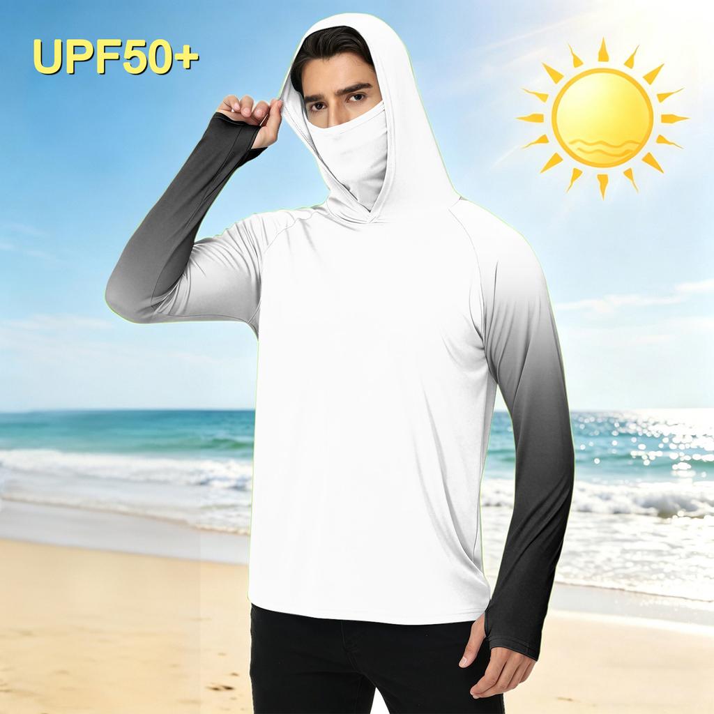 Men's Outdoor Casual Gradient Print Hooded Long Sleeve Sun Protection Shirt Lightweight Breathable Quick Dry Sports Top