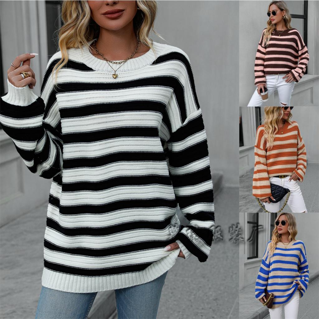 Women's Crew Neck Long Sleeve Sweater Loose Fit Casual Horizontal Stripe Acrylic Knit Pullover