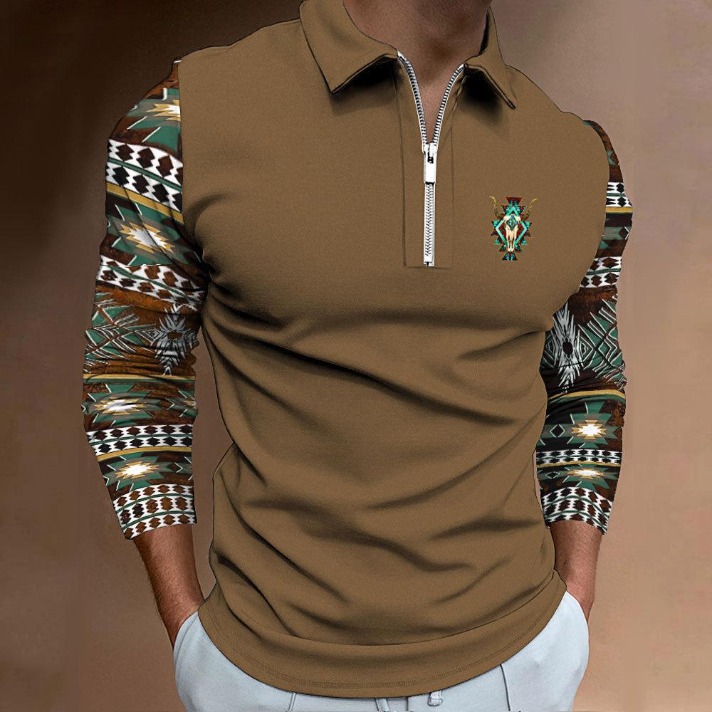 Geometrisches Muster Langarm Reißverschluss Poloshirt, Trendige Freizeitkleidung