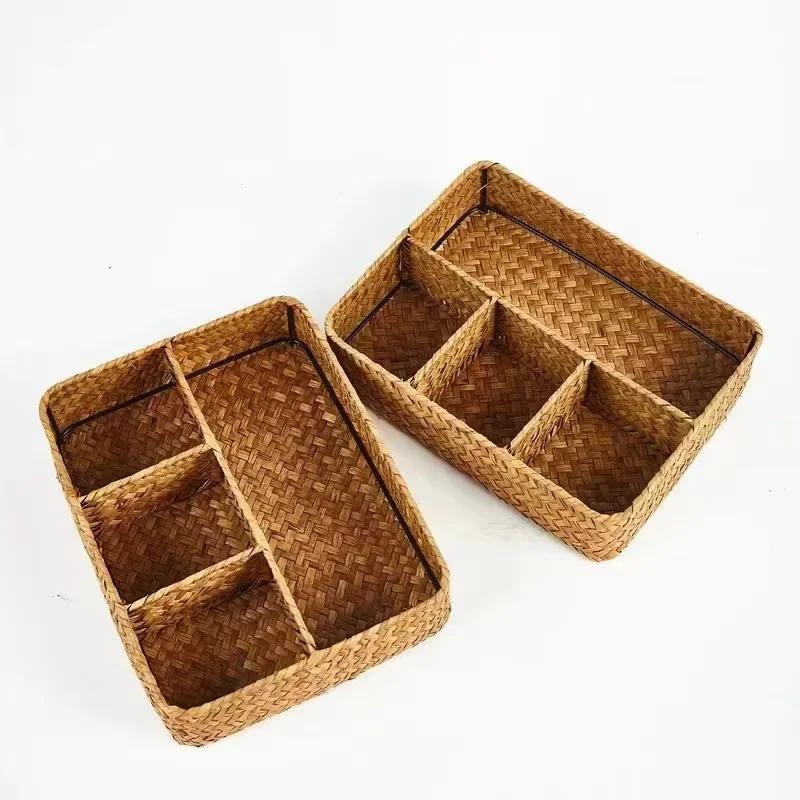Hairpins Jewelry Accessories 4 Grids Storage Basket Handmade Woven Willow Storage Basket For Clothes Cosmetic Stationery