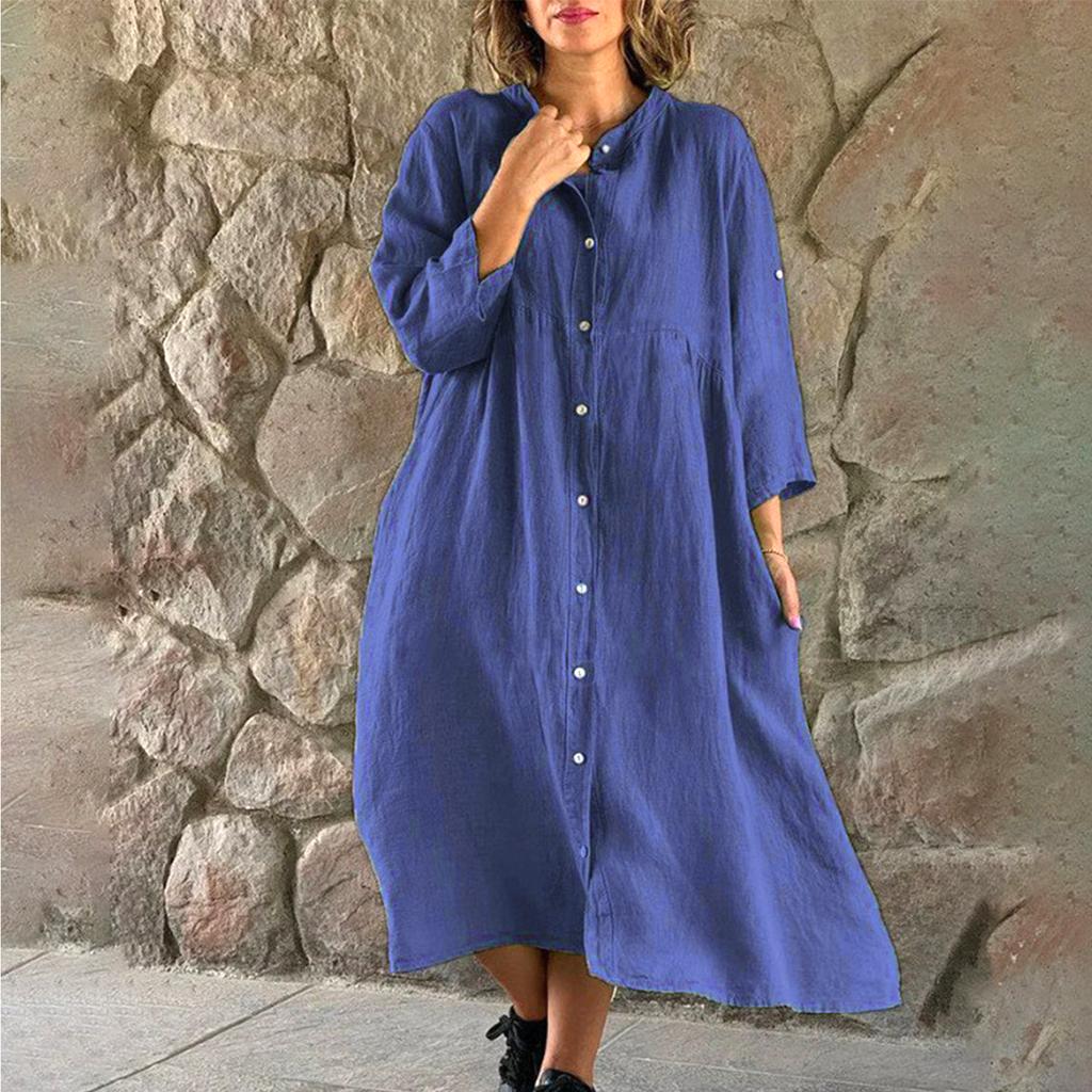 Women's Fashion Casual Bohemian Long-sleeved Pocket Dress Long Skirt
