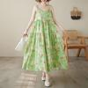 2026 Summer Cotton Linen Patchwork Long Dress with Sling and Large Hem Skirt