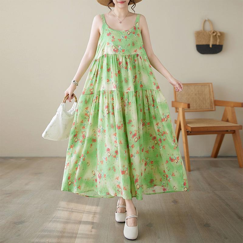 2026 Summer Cotton Linen Patchwork Long Dress with Sling and Large Hem Skirt