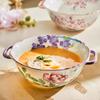 Boluri de supă florale din ceramică cu mânere duble, Bol mare de servire de 900 ml pentru salată, paste, cereale, fructe, udon, sigur pentru microunde și cuptor