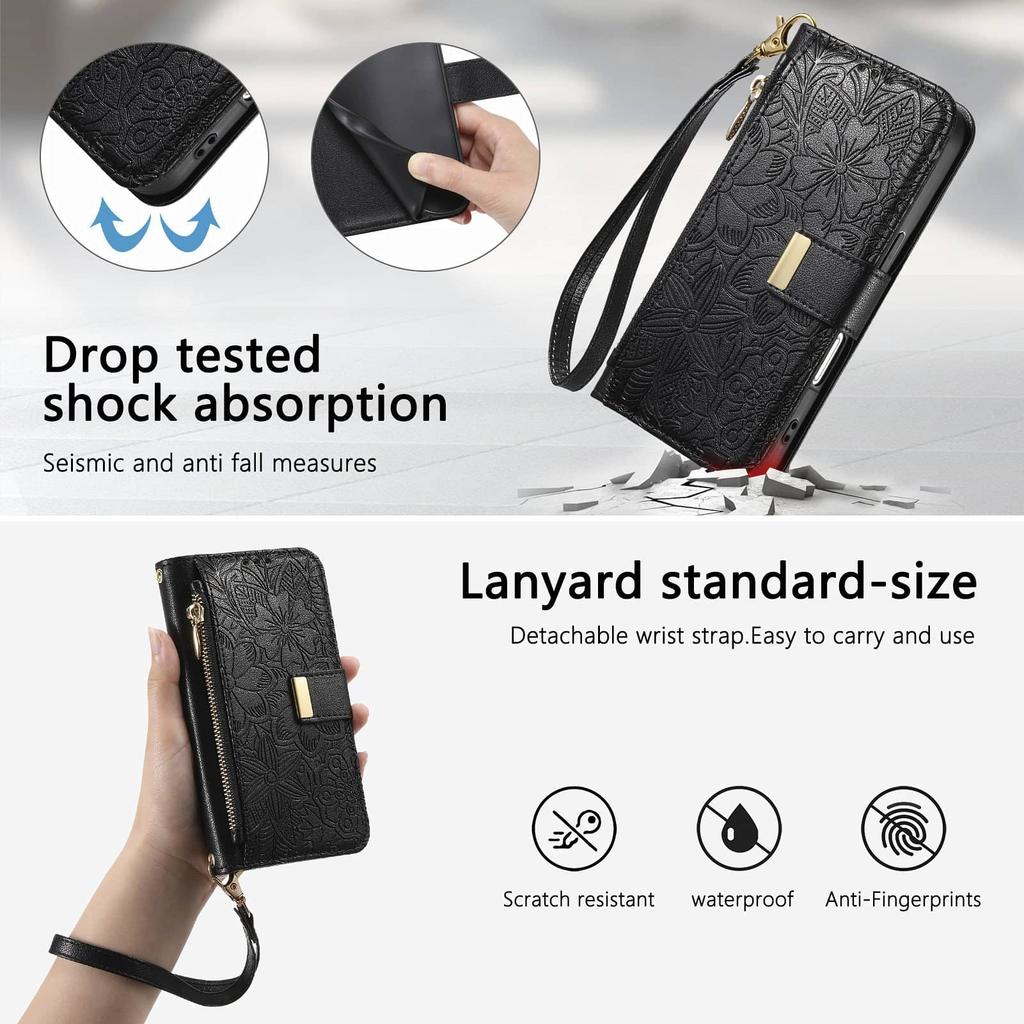 Wallet Case for iPhone 17/16e/16 Plus/15/14/13/12 Pro Max Lanyard Zipper Dual Card Holder Flip Stand Magnetic Buckle Cover
