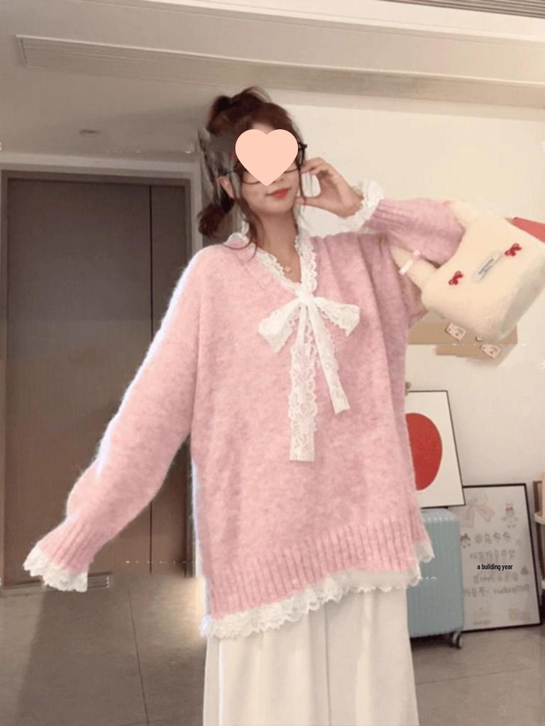 Grey Lace Long Sleeve Loose Knit Sweater - Spring/Autumn Design
