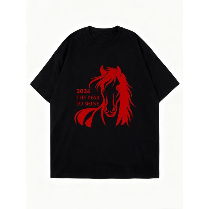 Oversized T-Shirt Black Horse Graphic 2026 The Year To Shine Print Casual Wear For Women Fashion Statement Top Streetwear Trendy Outfit