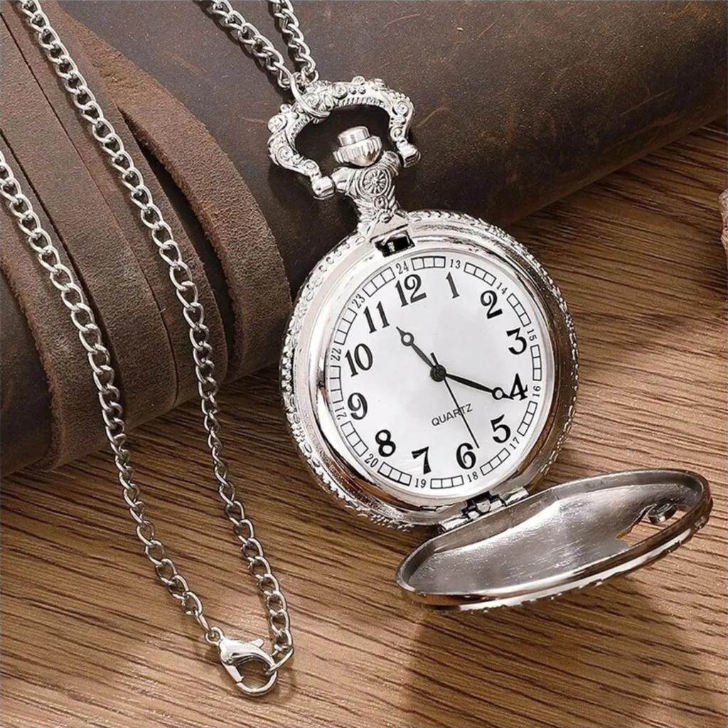 Ceas de buzunar cu colier subțire, sculptat rafinat, locomotivă goală, clasic, retro, nostalgic, cuarț, mare, ceas de buzunar
