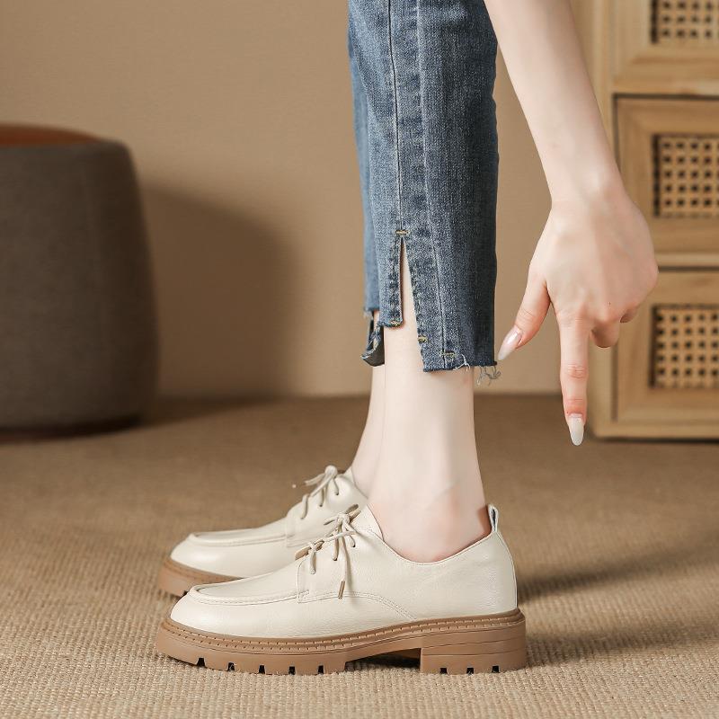 Round Toe Genuine Leather Women's Shoes Lace-up Shoes Autumn and Winter Four Seasons Student Skirt College Xiaoxiangfeng Huizhou Brock Leather Shoes