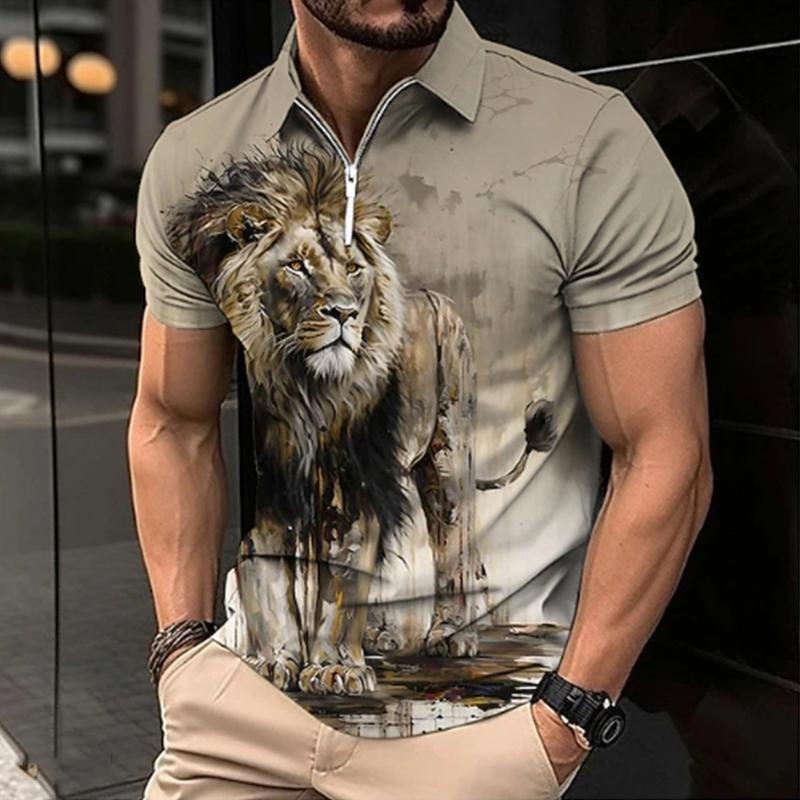 Casual Lapel T-shirt Young Men's Fashion Zipper T-shirt Short Sleeve T-shirt Men's 3D Mighty Men's Short Sleeved Animal Pattern Print T Shirt