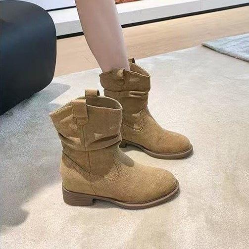 Pile boots cowboy boots women's 2025 autumn and winter new khaki retro inner height increase thick heel soft surface Martin boots women