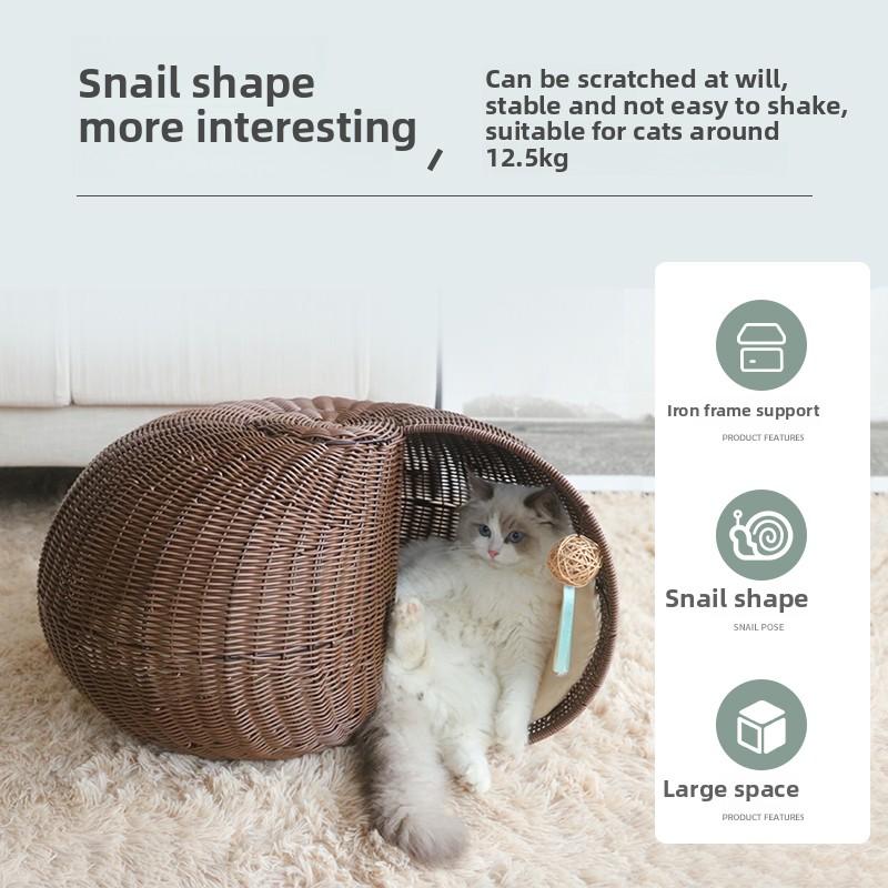 4-Season Semi-Enclosed Cat House Breathable Rattan Pet Bed Detachable Washable Cat Villa Summer Coolness Kitty Cottage