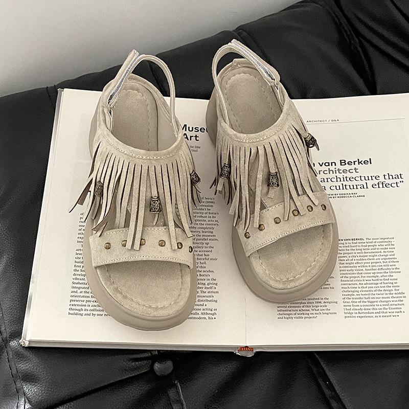 

Retro casual wedge heel sandals women s shoes design sense tassel beaded versatile thick-soled cool slippers 40