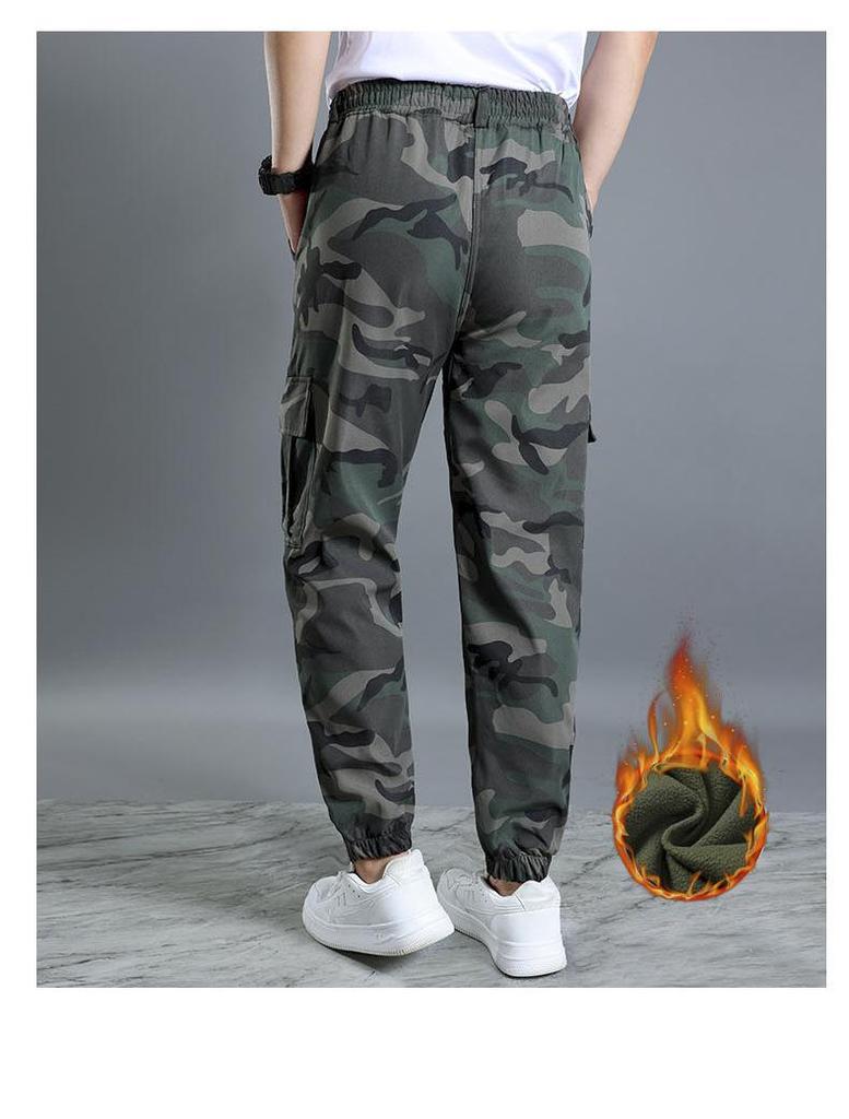 Męskie Grube Odporne na Ścieranie Spodnie Robocze w Kamuflażu - Casualowe i Luźne, z Dodatkiem Weluru na Zimę