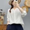 Women Cotton Yarn Soft Shirts Long Sleeve V Neck Blouses White Blue Patchwork Office Lady Tops Casual Female Clothes